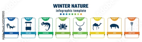 winter nature concept infographic design template. included skunk, food cart, chameleon, lotus, pendant, camel, hippo, street light icons and 8 options or steps.