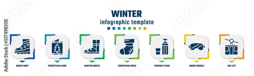 winter concept infographic design template. included snow boot, christmas card, winter boots, christmas sock, themos flask, snow goggle, ski lift icons and 7 option or steps.