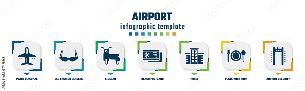 airport concept infographic design template. included plane diagonal, old fashion glasses, sidecar, beach postcard, hotel, plate with fork and knife cross, airport security portal icons and 7 option airport concept infographic design template. included plane diagonal, old fashion glasses, sidecar, beach postcard, hotel, plate with fork and knife cross, airport security portal icons and 7 option
