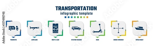 transportation concept infographic design template. included touristic, airplane, rent a car, station wagon, kick, cross wrench, speed boat icons and 7 option or steps.