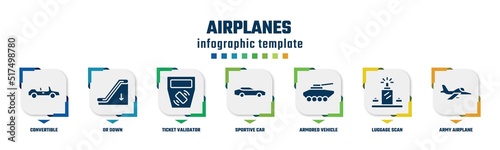 airplanes concept infographic design template. included convertible, or down, ticket validator, sportive car, armored vehicle, luggage scan, army airplane icons and 7 option or steps.
