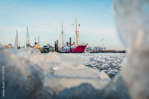 frosty winter day, harbour, ships elb river, frozen in Hamburg Germany