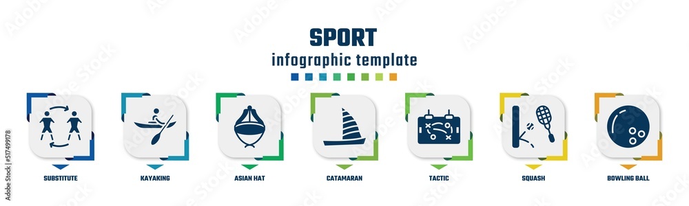 sport concept infographic design template. included substitute, kayaking, asian hat, catamaran, tactic, squash, bowling ball icons and 7 option or steps. sport concept infographic design template. included substitute, kayaking, asian hat, catamaran, tactic, squash, bowling ball icons and 7 option or steps.