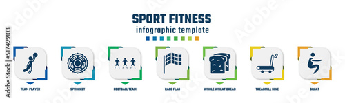 sport fitness concept infographic design template. included team player, sprocket, football team, race flag, whole wheat bread, treadmill hine, squat icons and 7 option or steps.
