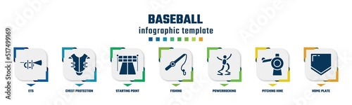 baseball concept infographic design template. included ets, chest protection, starting point, fishing, powerbocking, pitching hine, home plate icons and 7 option or steps.
