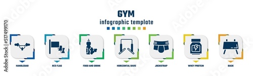 gym concept infographic design template. included handlebar, red flag, food and drink, horizontal bars, jockstrap, whey protein, buck icons and 7 option or steps.