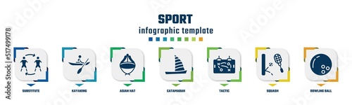sport concept infographic design template. included substitute, kayaking, asian hat, catamaran, tactic, squash, bowling ball icons and 7 option or steps.