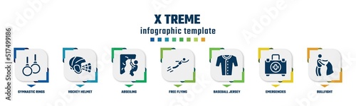 x treme concept infographic design template. included gymnastic rings, hockey helmet, abseiling, free flying, baseball jersey, emergencies, bullfight icons and 7 option or steps.