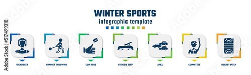 winter sports concept infographic design template. included kickboxer, hammer throwing, coin toss, fitness step, apex, committee, hockey pitch icons and 7 option or steps. photo