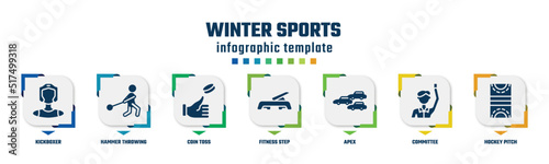 winter sports concept infographic design template. included kickboxer, hammer throwing, coin toss, fitness step, apex, committee, hockey pitch icons and 7 option or steps.