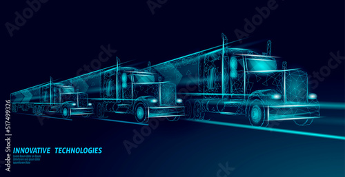 Low poly transport abstract truck. Lorry van fast delivery shipping logistic. Polygonal gray fog speed highway industry international transportation traffic vector illustration