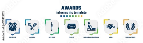 awards concept infographic design template. included protector, lacrosse, dive knife, push up, farming and gardening, visor, laurel wreath icons and 7 option or steps.