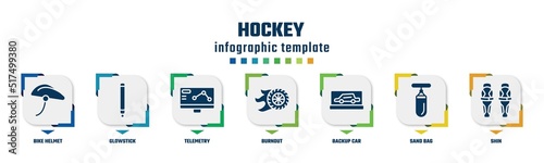hockey concept infographic design template. included bike helmet, glowstick, telemetry, burnout, backup car, sand bag, shin icons and 7 option or steps.