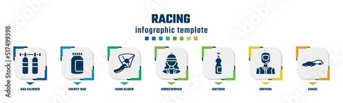 racing concept infographic design template. included gas cilinder, energy bar, hang glider, horsewoman, isotonic, drivers, chase icons and 7 option or steps.