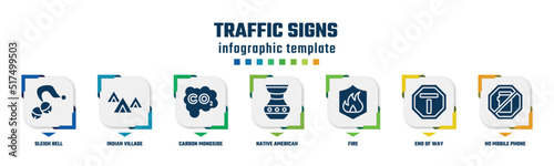 traffic signs concept infographic design template. included sleigh bell, indian village, carbon monoxide, native american pot, fire, end of way, no mobile phone icons and 7 option or steps.