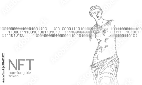 3D NFT Non Fungible unique cryptocurrency. Blockchain art crypto security code. Data stored digital photo object certificate ownership. Technology vector illustration