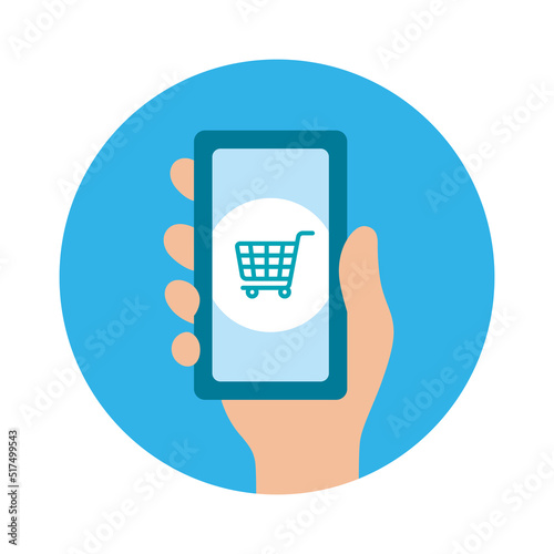 アイコン_スマホ_手_線無し_買い物かご_青バック_丸