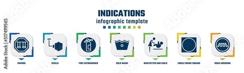 indications concept infographic design template. included swings, shield, fire estinguisher, cold wash, babysitter and child, circle inside square, road crossing icons and 7 option or steps.