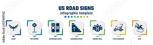 us road signs concept infographic design template. included hawk, no stopping, semaphore lights, ascending stairs, square hotel, cycle rickshaw, slip icons and 7 option or steps.