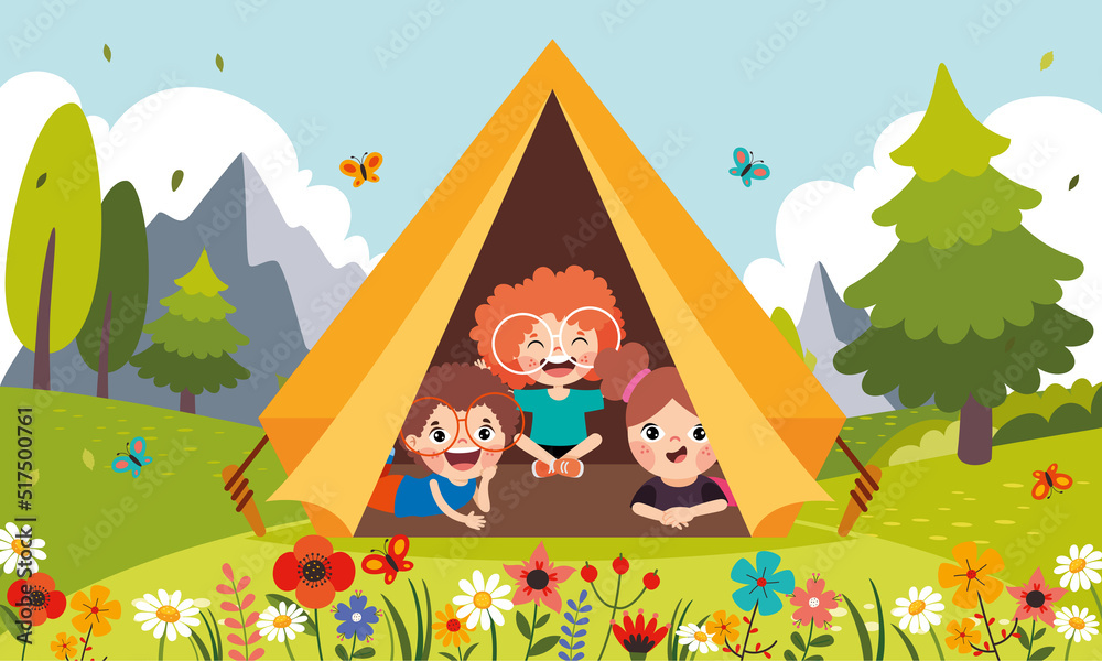 Cartoon Kids Camping At Nature