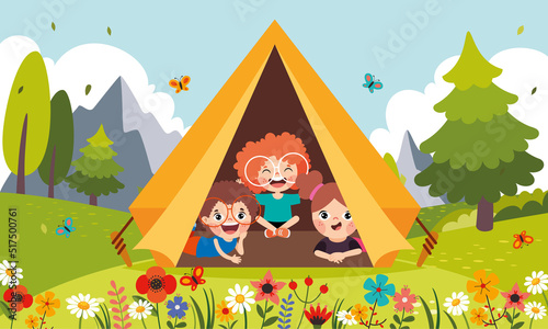 Cartoon Kids Camping At Nature