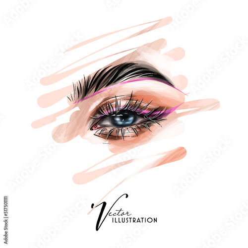 Glamour girl makeup fashion illustration. Stylish art sketch. Beauty and style vector drawing.