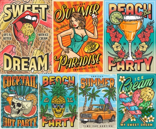 Beach party set colorful posters