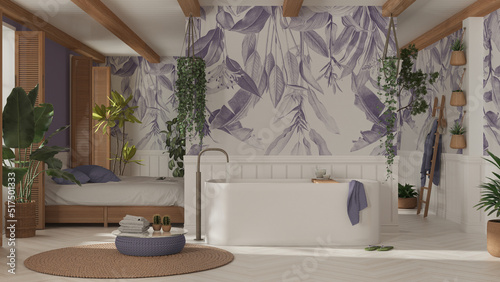 Bohemian wooden bathroom and bedroom in boho style in white and purple tones. Bathtub, bed and towel rack, potted plants. Tropical wallpaper. Country vintage interior design