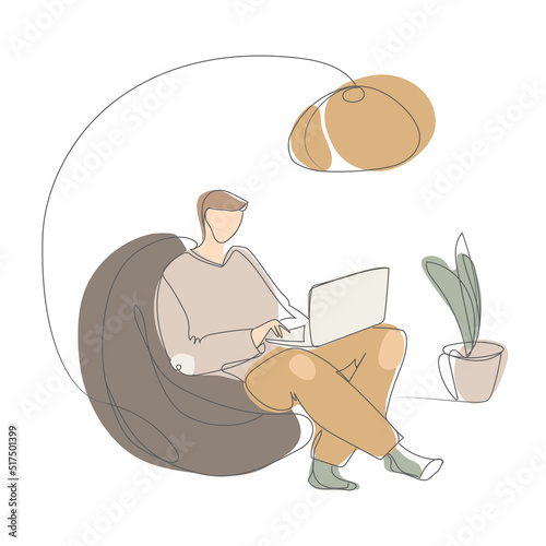 Young man freelancer working on laptop at home vector graphic.People at home in quarantine.Working at home concept illustration,continuous line drawing.Minimal art design photo