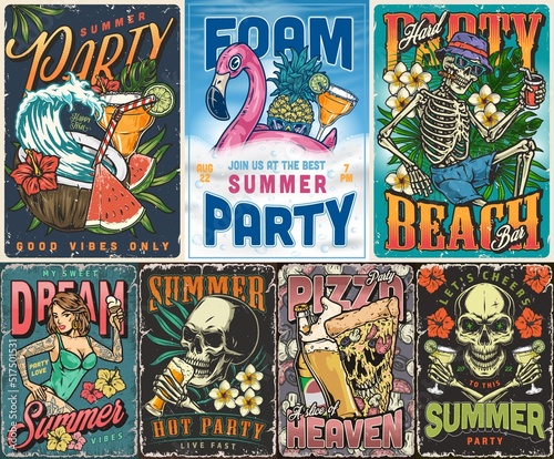Summer party set colorful posters