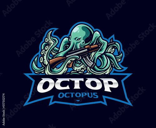 Octopus mascot logo design. Vector illustration octopus with gun. Logo illustration for mascot or symbol and identity, emblem sports or e-sports gaming team