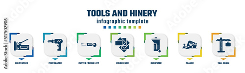 tools and hinery concept infographic design template. included big stapler, perforator, cutter facing left, color pack, dumpster, planer, tall crain icons and 7 option or steps.