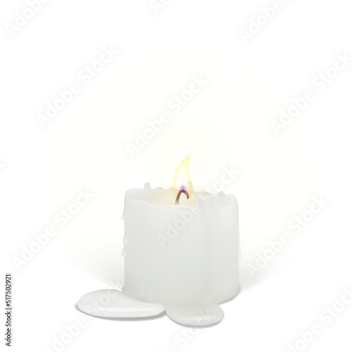 Realistic burning candle on a white background. 3d candle with melting wax, flame and halo of light. Vector illustration with mesh gradients. EPS10.