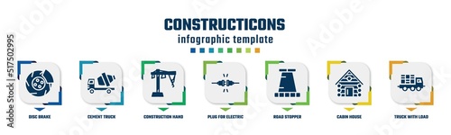 constructicons concept infographic design template. included disc brake, cement truck, construction hand drawn sketch, plug for electric connection, road stopper, cabin house, truck with load icons
