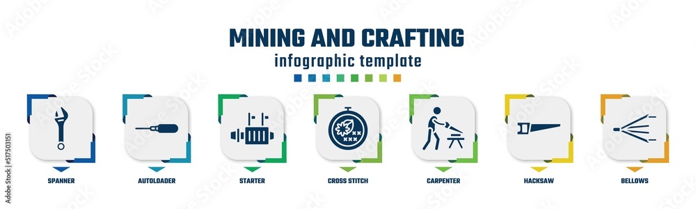 mining and crafting concept infographic design template. included spanner, autoloader, starter, cross stitch, carpenter, hacksaw, bellows icons and 7 option or steps.