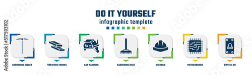 do it yourself concept infographic design template. included gardening digger, firewood trunks stacked, car painting, gardening rake, utensils, motherboard, switch on icons and 7 option or steps.