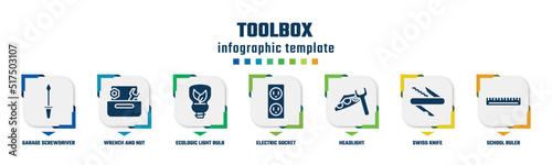 toolbox concept infographic design template. included garage screwdriver, wrench and nut, ecologic light bulb, electric socket, headlight, swiss knife, school ruler icons and 7 option or steps.