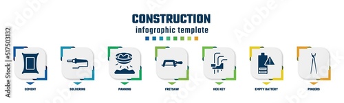 construction concept infographic design template. included cement, soldering, panning, fretsaw, hex key, empty battery, pincers icons and 7 option or steps.