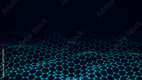 Digital gradient hexagon blue wave with dots and lines on the dark background. The futuristic abstract structure of network connection. Big data visualization. 3D rendering. © Irvin 2809