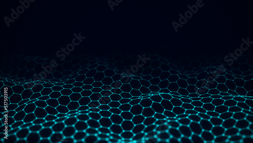 Digital gradient hexagon blue wave with dots and lines on the dark background. The futuristic abstract structure of network connection. Big data visualization. 3D rendering.