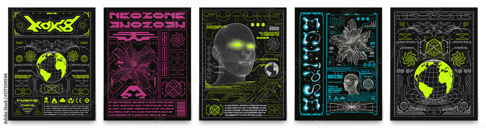Retro futuristic posters with low poly human heads, deformed spheres, and earth planet. Techno style stylish print for streetwear, print for t-shirts and sweatshirts isolated on black background