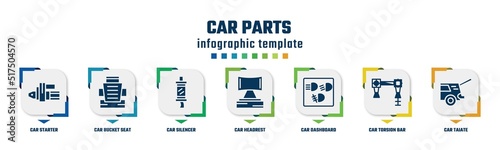car parts concept infographic design template. included car starter, car bucket seat, silencer, headrest, dashboard, torsion bar, taiate icons and 7 option or steps.