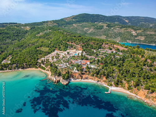 Aerial view over Chrisi Milia beach and the rocky surrounded area in Alonissos island, Greece