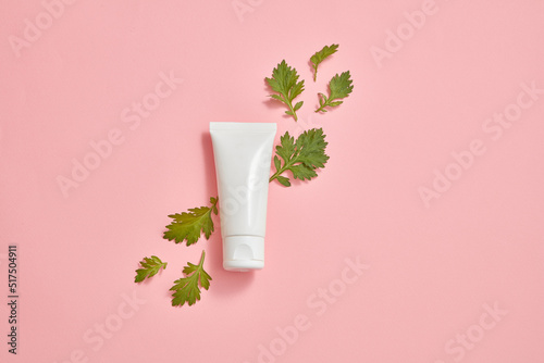 Obraz na plátně Mugwort decorated with cosmetic template and pinky background , mugwort extract