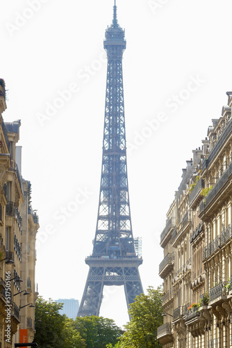 Haussmann style buildings in perspective with a historical monument in the background. Eiffel tower and famous street with apartment.