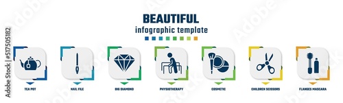 beautiful concept infographic design template. included tea pot, nail file, big diamond, physiotherapy, cosmetic, children scissors, flanges mascara icons and 7 option or steps.