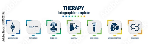 therapy concept infographic design template. included luxury watch, teeth brush, ring in box, hairstyle, hair shaver, women hairstyling, molecular icons and 7 option or steps.