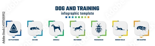dog and training concept infographic design template. included cat playhouse, sad dog, airedale, bulterrier, madagascan, border collie, dog sleeping icons and 7 option or steps.