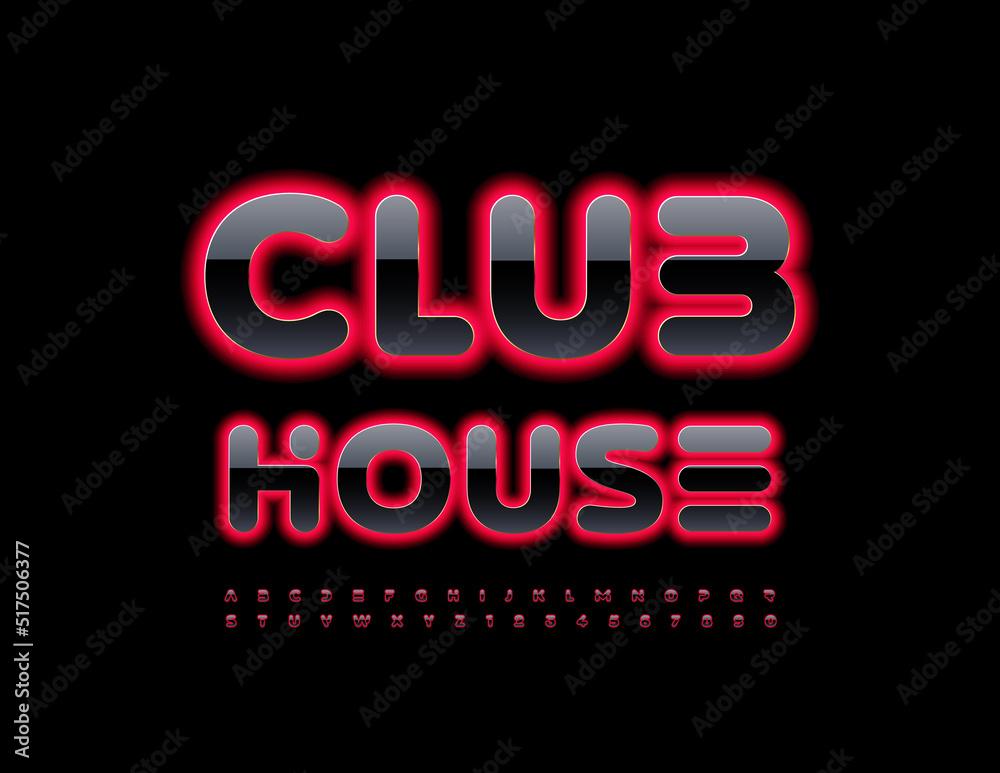 Vector neon banner Club House.  Glowing Red Font. Artistic Alphabet Letters and Numbers set