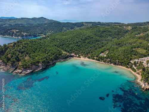 Aerial view over Chrisi Milia beach and the rocky surrounded area in Alonissos island  Greece